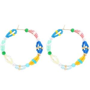 Blue Goldtone and Seed Beaded Hoop Earrings